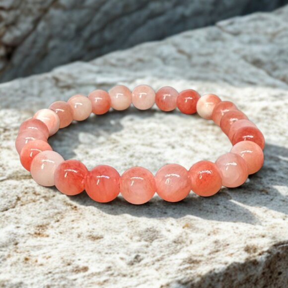 Strawberry Pink Agate Stone Beaded Bracelet 8MM Stretchy Handmade Jewelry - Picture 1 of 12